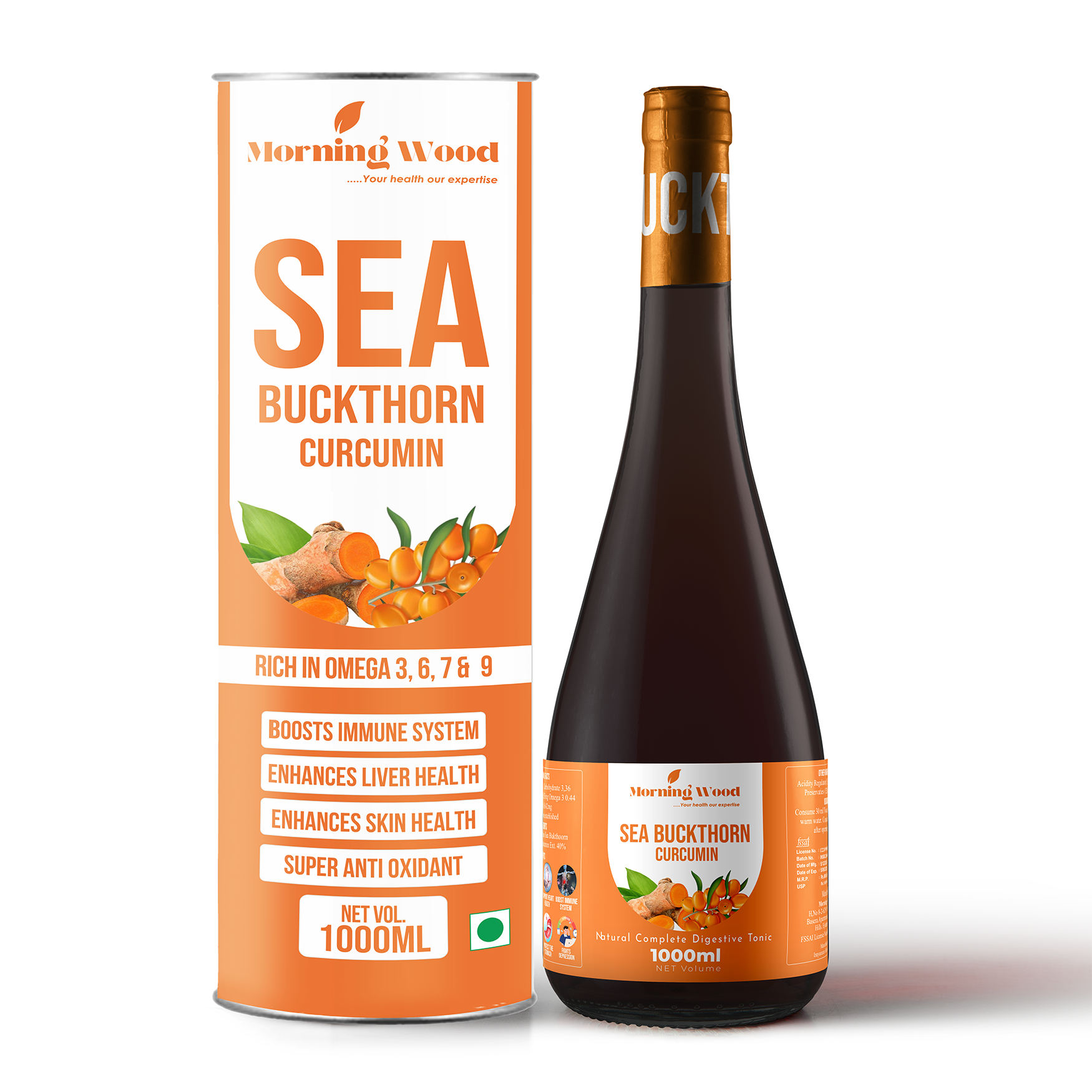 Buy Pure Sea Buckthorn Juice (Pulp) Online | Morningwood Sea Buckthorn Juice 1000ml | Rich in Vitamin C Omega 3, 6, 7, 9 | No Added Sugar Natural Immunity Booster