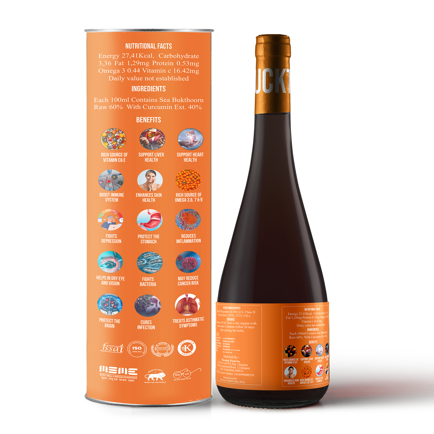 Buy Pure Sea Buckthorn Juice (Pulp) Online | Morningwood Sea Buckthorn Juice 1000ml | Rich in Vitamin C Omega 3, 6, 7, 9 | No Added Sugar Natural Immunity Booster